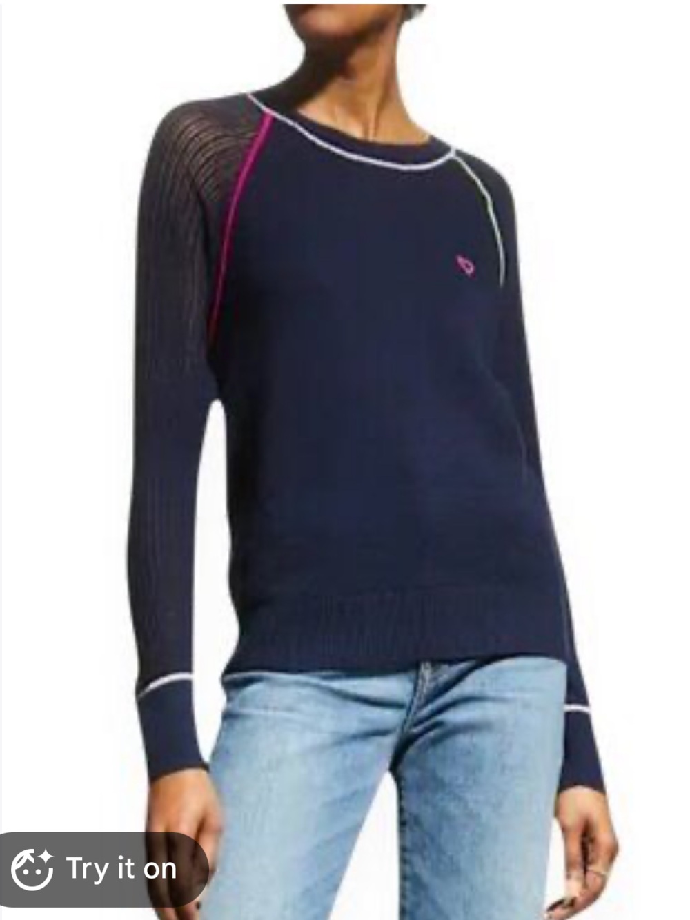 NWT Lisa Todd "Quick Kiss" Navy Pop Neon Trim Heart Mixed Stitch Sweater Size S